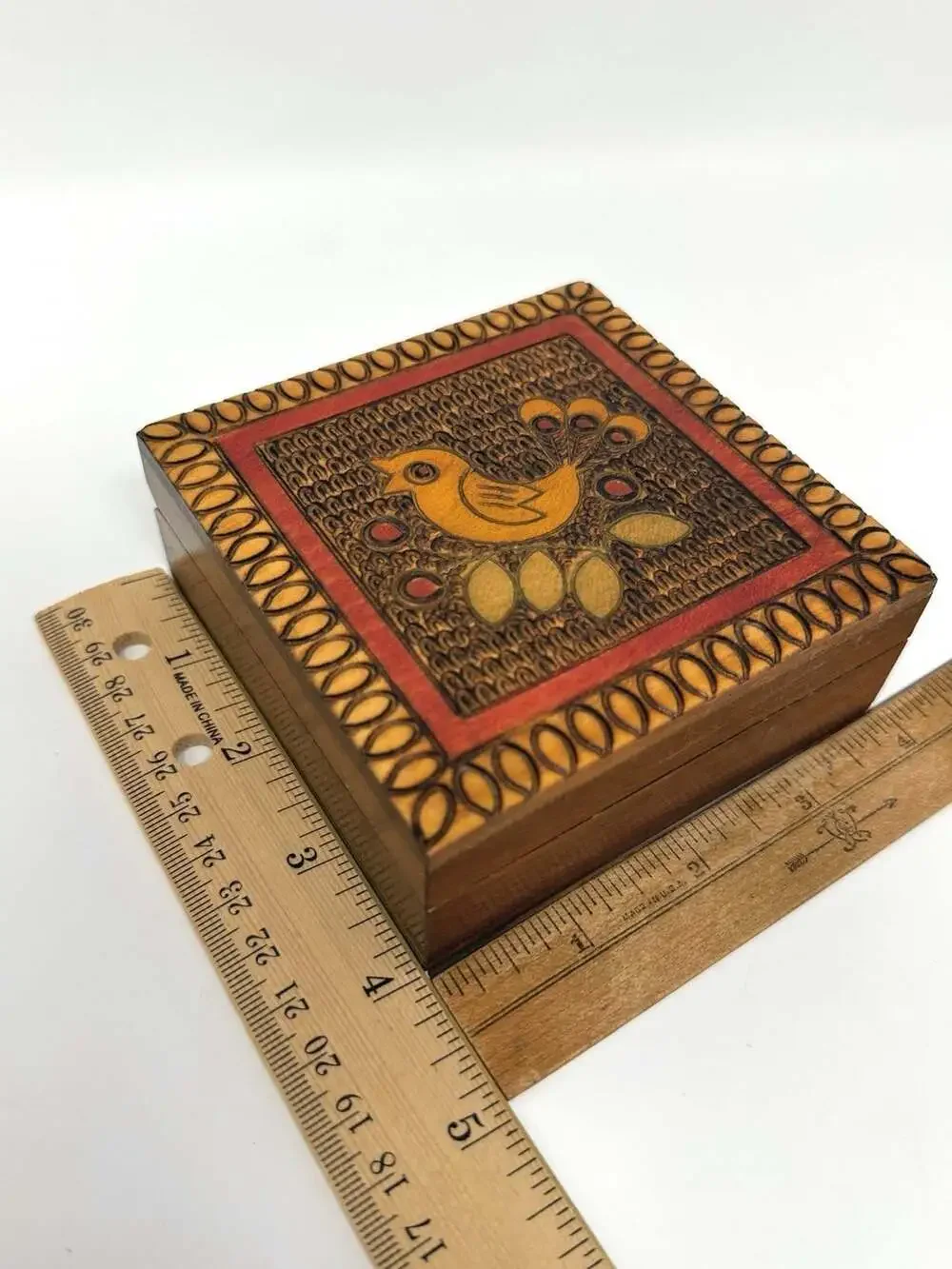 Mid-Century Polish Folk Art Wooden Bird Trinket Box from Poland vtg pyrography